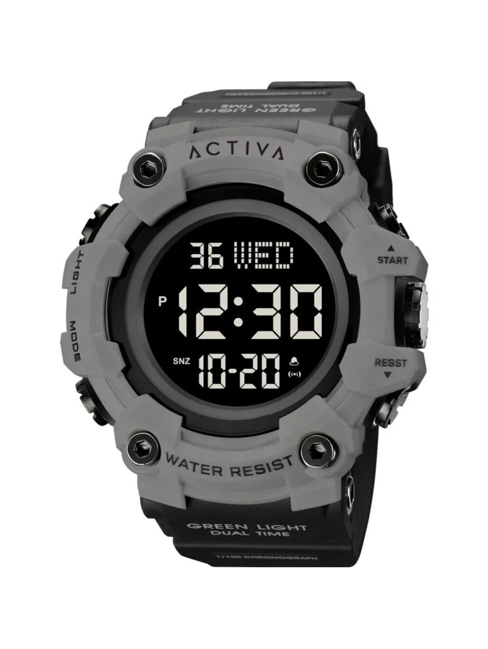 164 Activa Green Light Dual Time Digital Sport Black Plastic Strap Gray Round